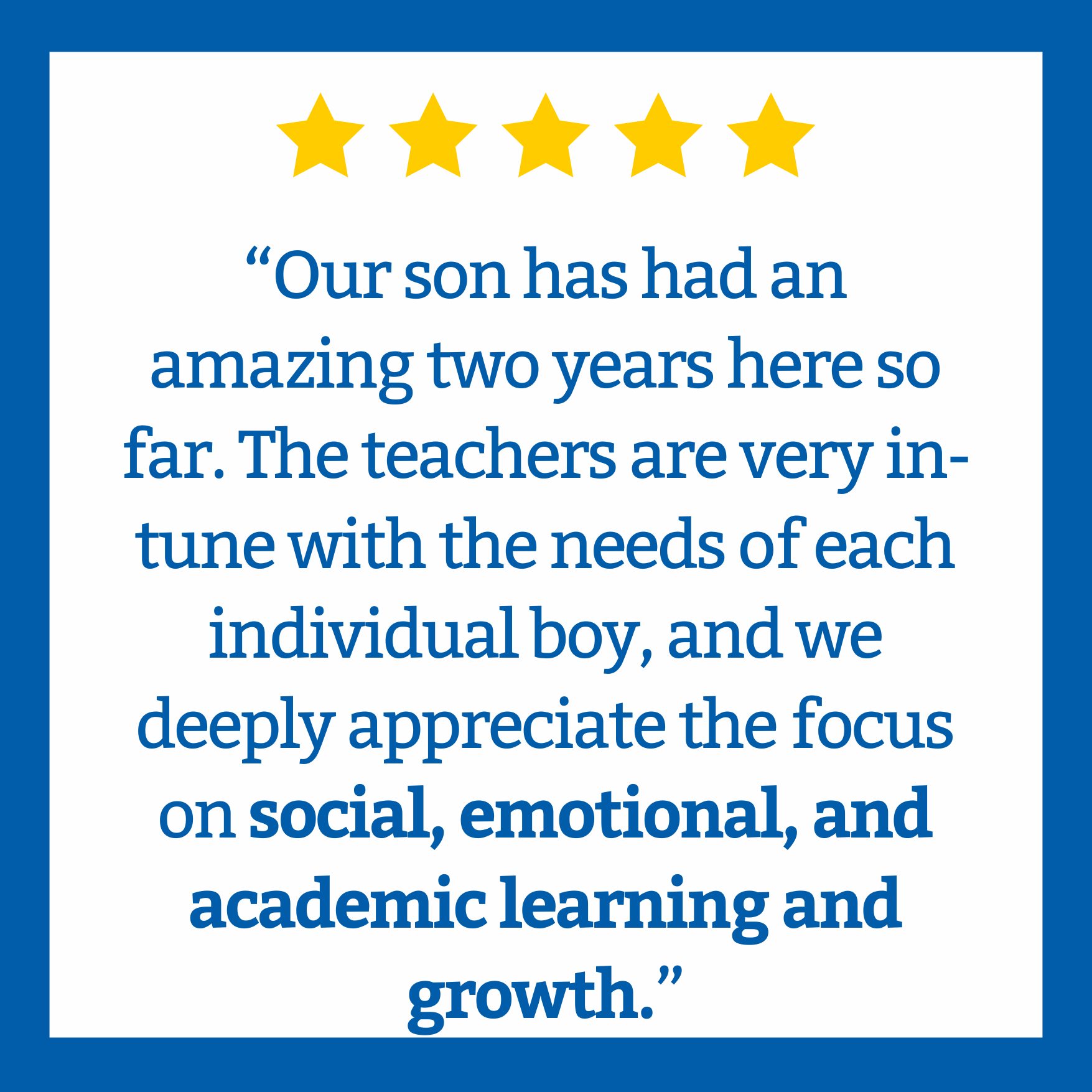 A five-star review graphic with a quote praising teachers for their attention to students' social, emotional, and academic growth.