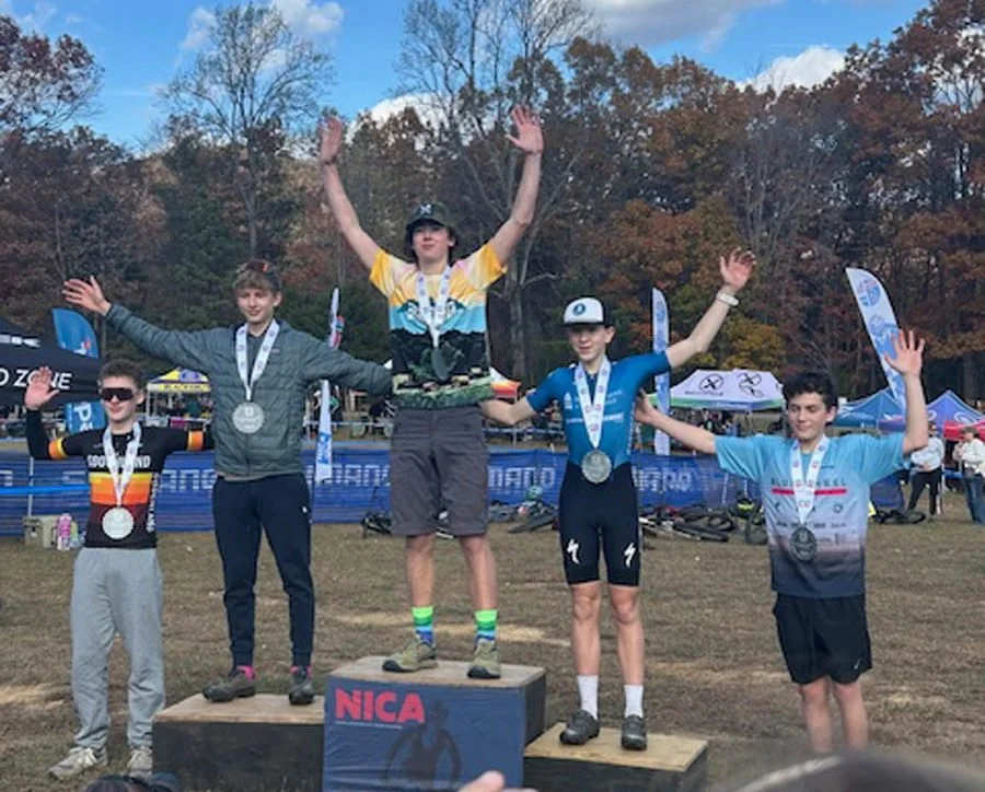 Eighth grader Liam Hingley on the podium at the NICA Cross Country Mountain Bike Race. Photo: Susan Rogers.