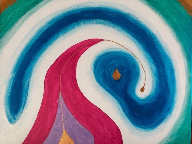 Margaret. Deep Calls to Deep.
The gold drop represents the hidden gold that is within each one of us (see inside the blue blob above). The gold of the Holy Spirit flows from the Father’s deep love for us and is constantly seeking out the gold within