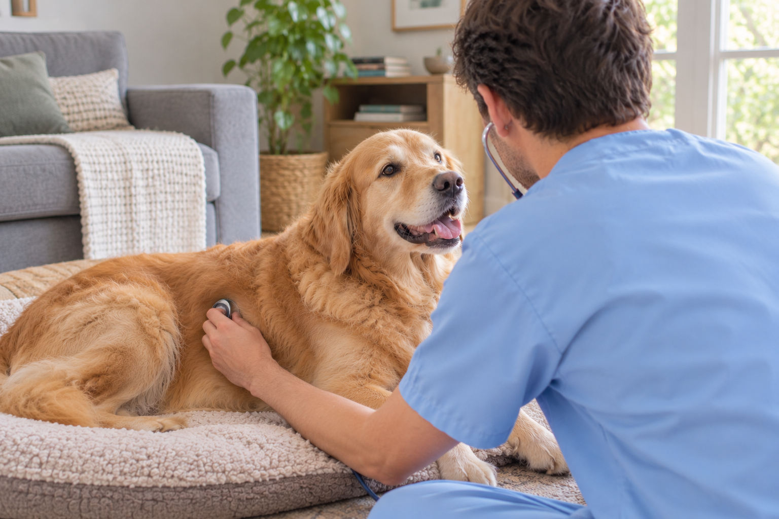 Ein Tierarzt, der einen golden Retriever mit einem Stethoskop untersucht, sitzt in einem Wohnzimmer.