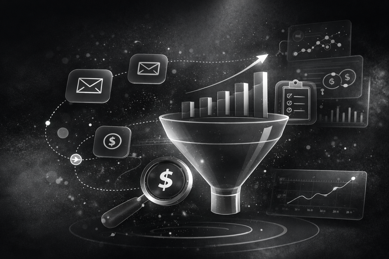Email marketing strategy illustration with funnel, analytics icons, and growth indicators representing audit and lifecycle planning.