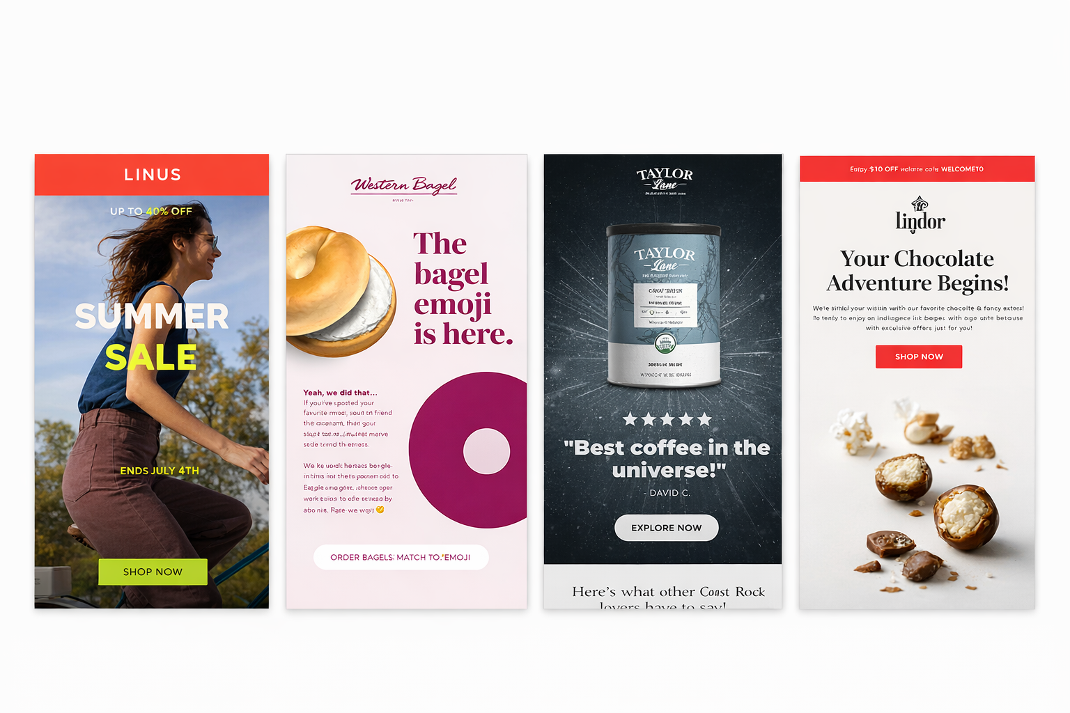 Four branded email marketing campaign examples displayed side by side on a clean white background.