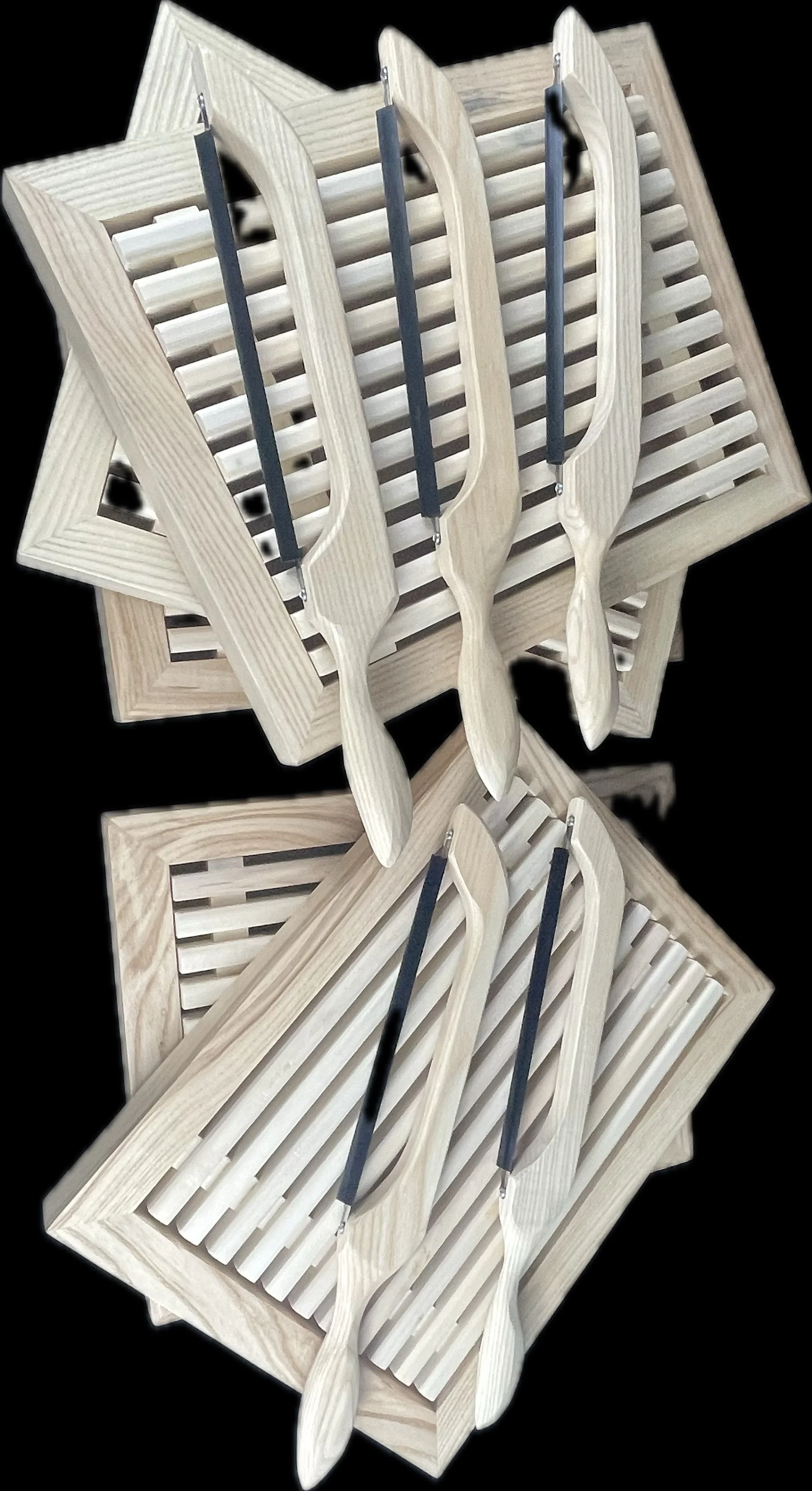 Three wooden slotted trays with three large This crumb catching bread cutting board saves you from the mess of crumbs scattering everywhere that occurs while using a normal cutting board.  With the ease of a removable grate that allows you to simply 