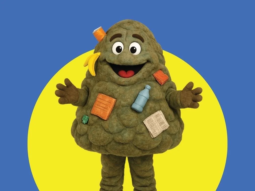 Cartoon Land Fill mascot named Land Phill with trash decorating his body