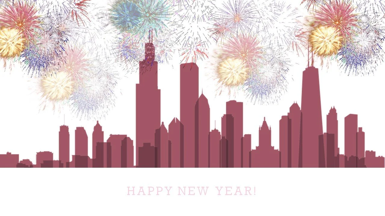 Chicago cityscape illustration with fireworks overhead. Below the illustration is a caption that reads 'Happy New Year!'