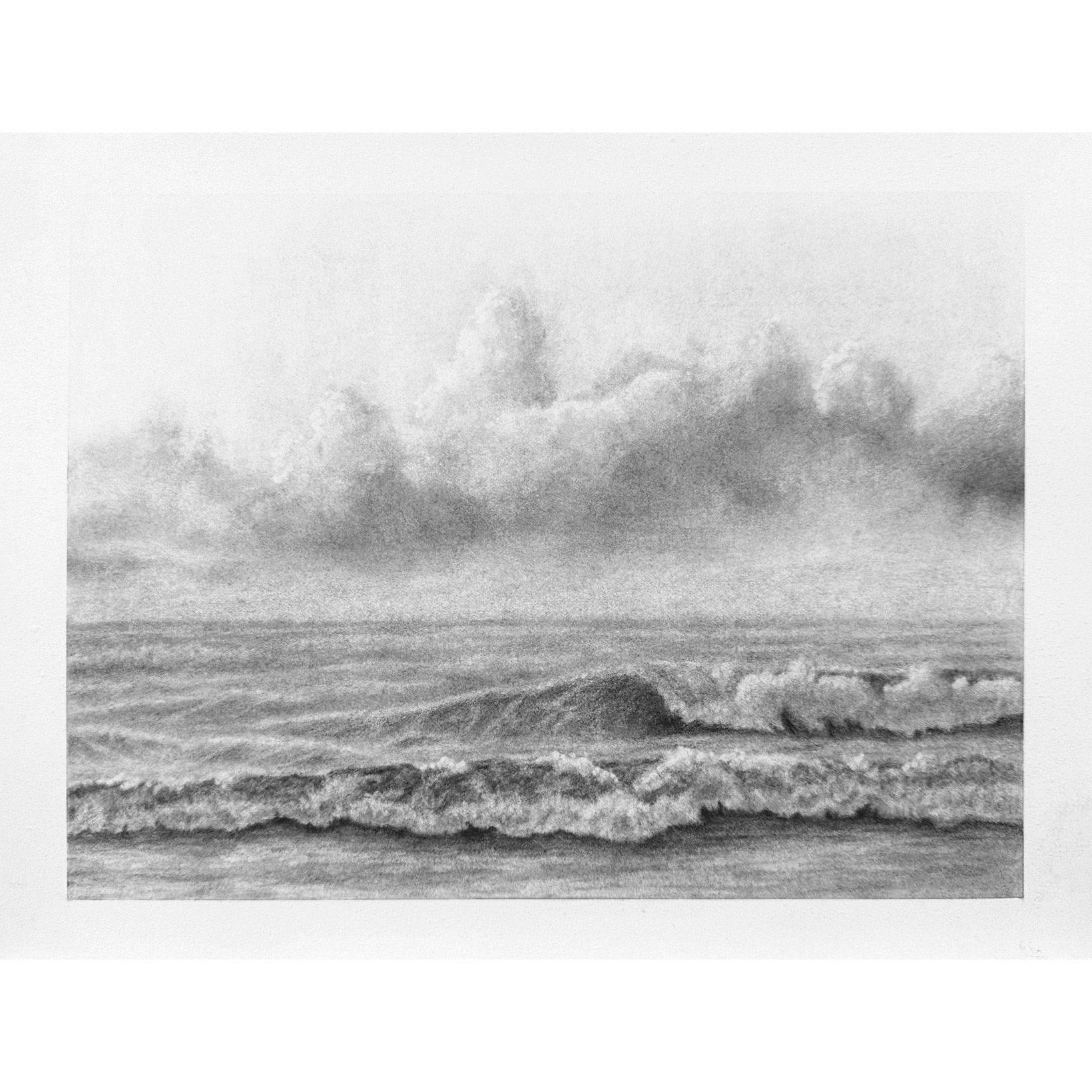 charcoal drawing of waves crashing with clouds in the background.