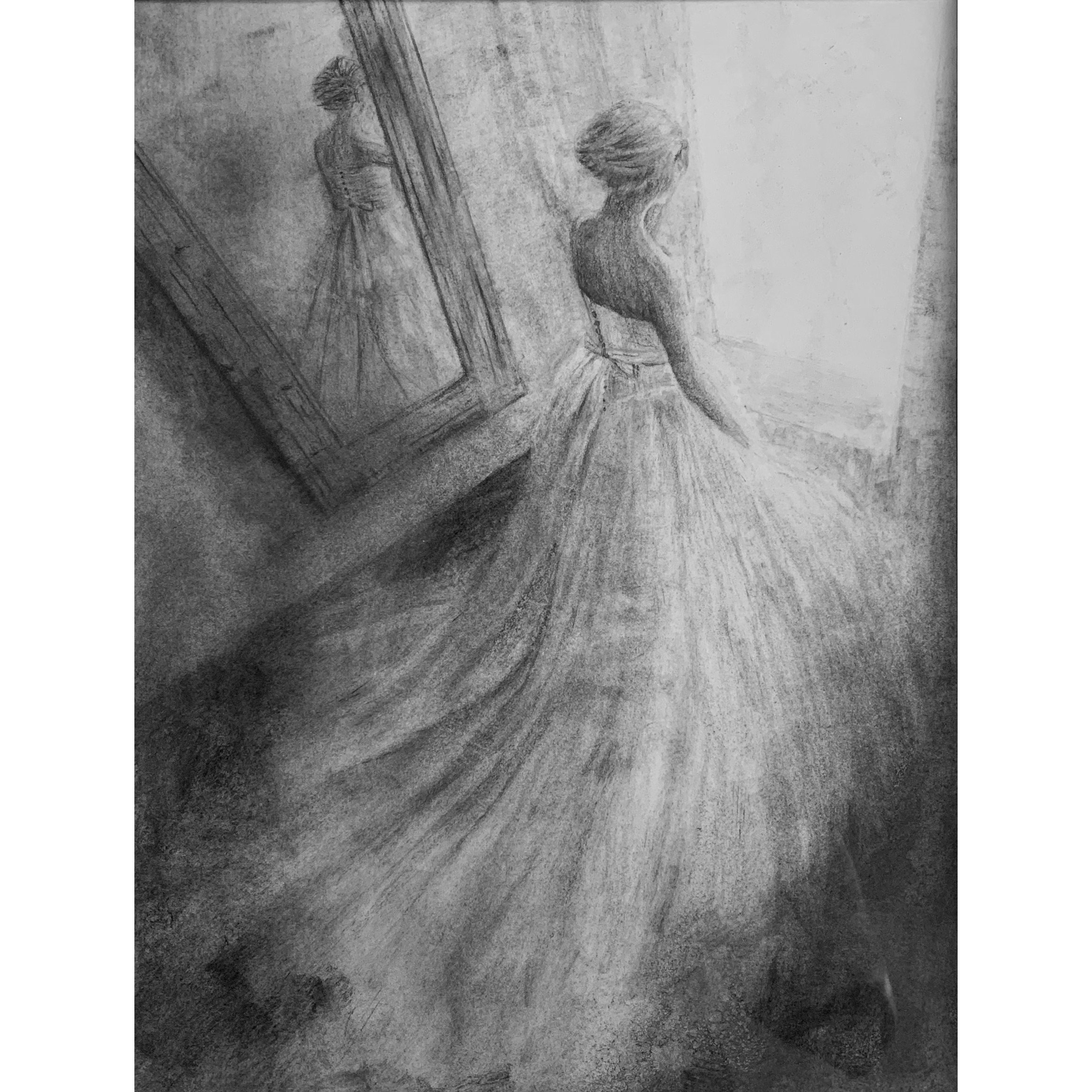 charcoal drawing of a bride facing away staring out a window with her reflection showing in the mirror