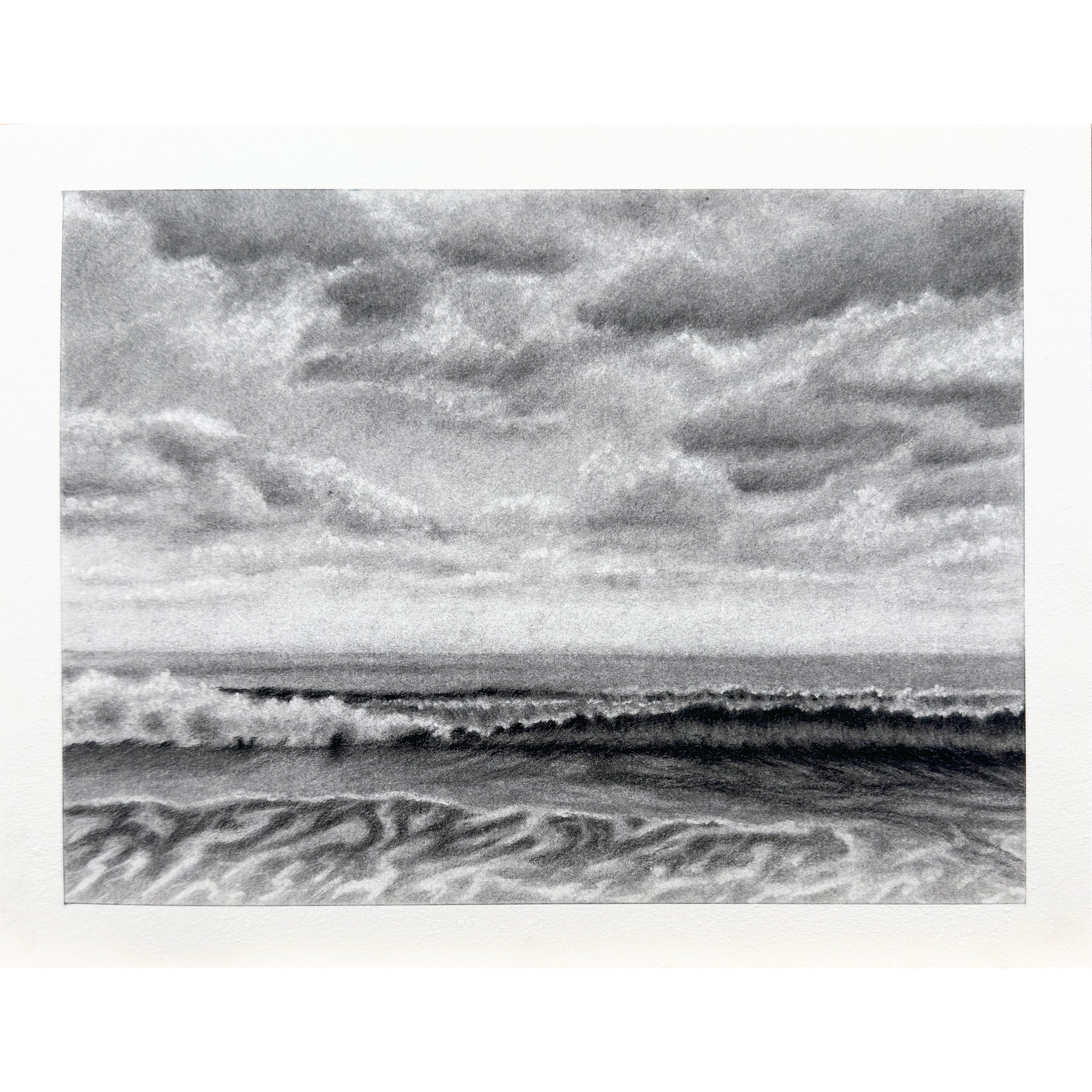 oceanscape charcoal drawing with partially cloudy sky and waves crashing