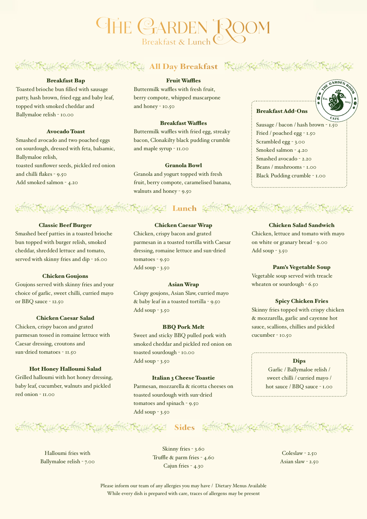 The Garden Room Lunch Menu