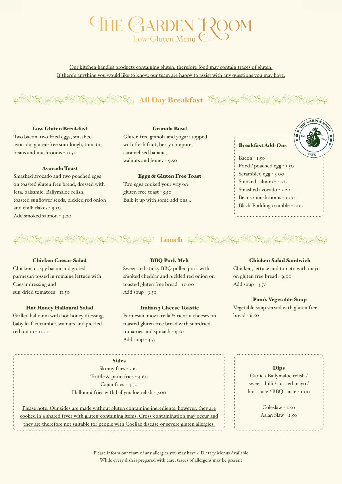 The Garden Room Low Gluten Menu