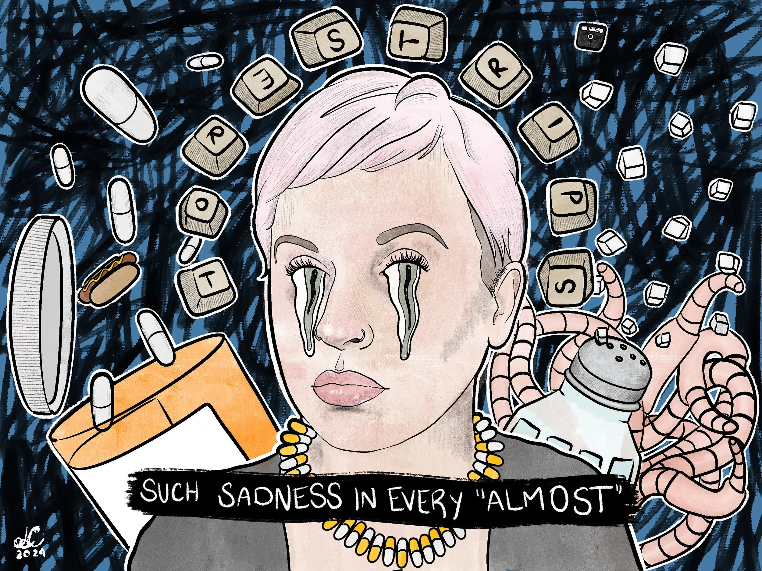 Illustrative portrait of a person surrounded by pills, letter blocks spelling “TORE STRIPS,” and a pill bottle, with stylized tears and the text “Such sadness in every almost.”