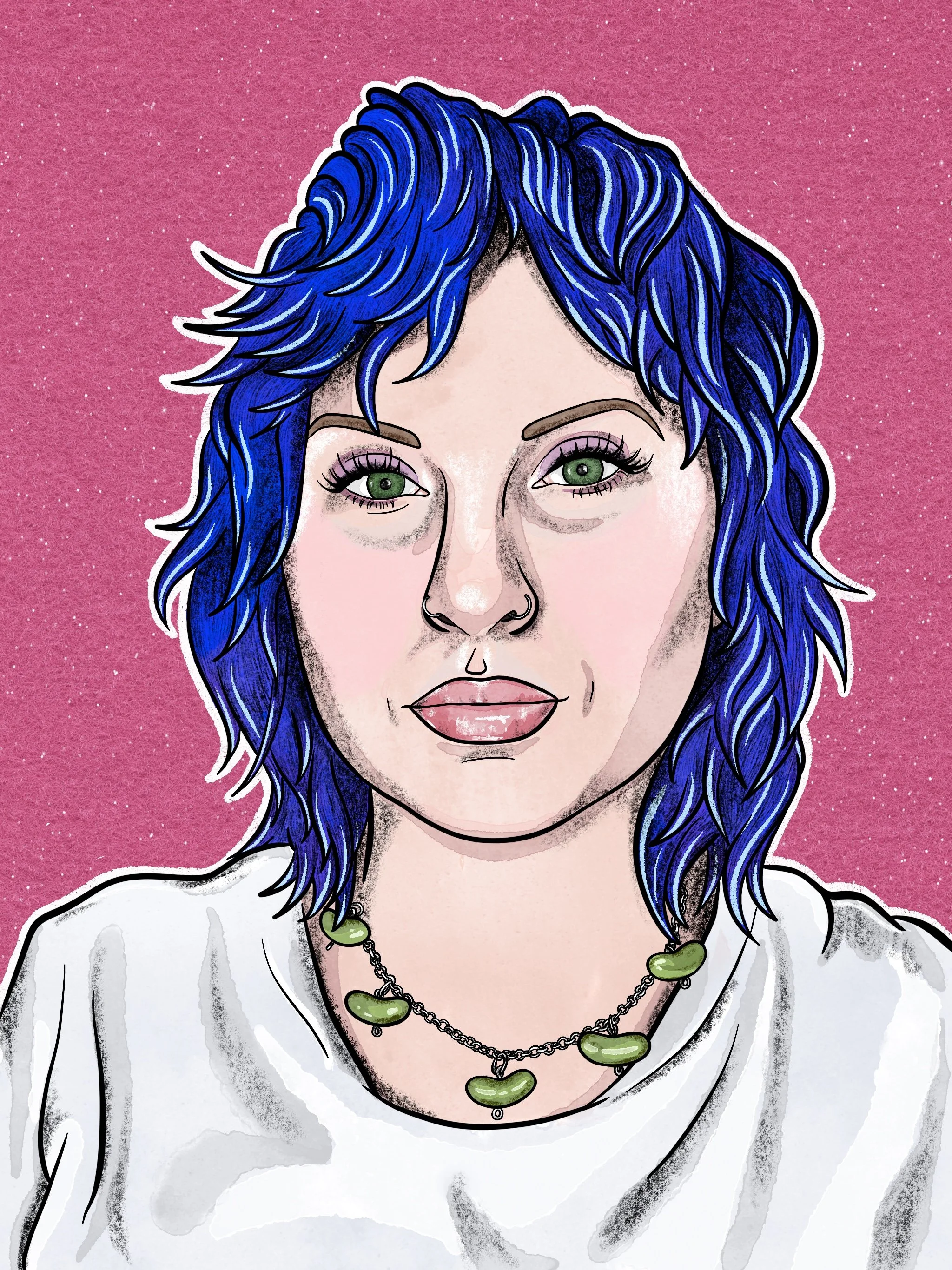 A digital drawing of a person with shaggy blue hair, a pickle necklace, and a white t-shirt, with a sparkly pink felt backdrop.