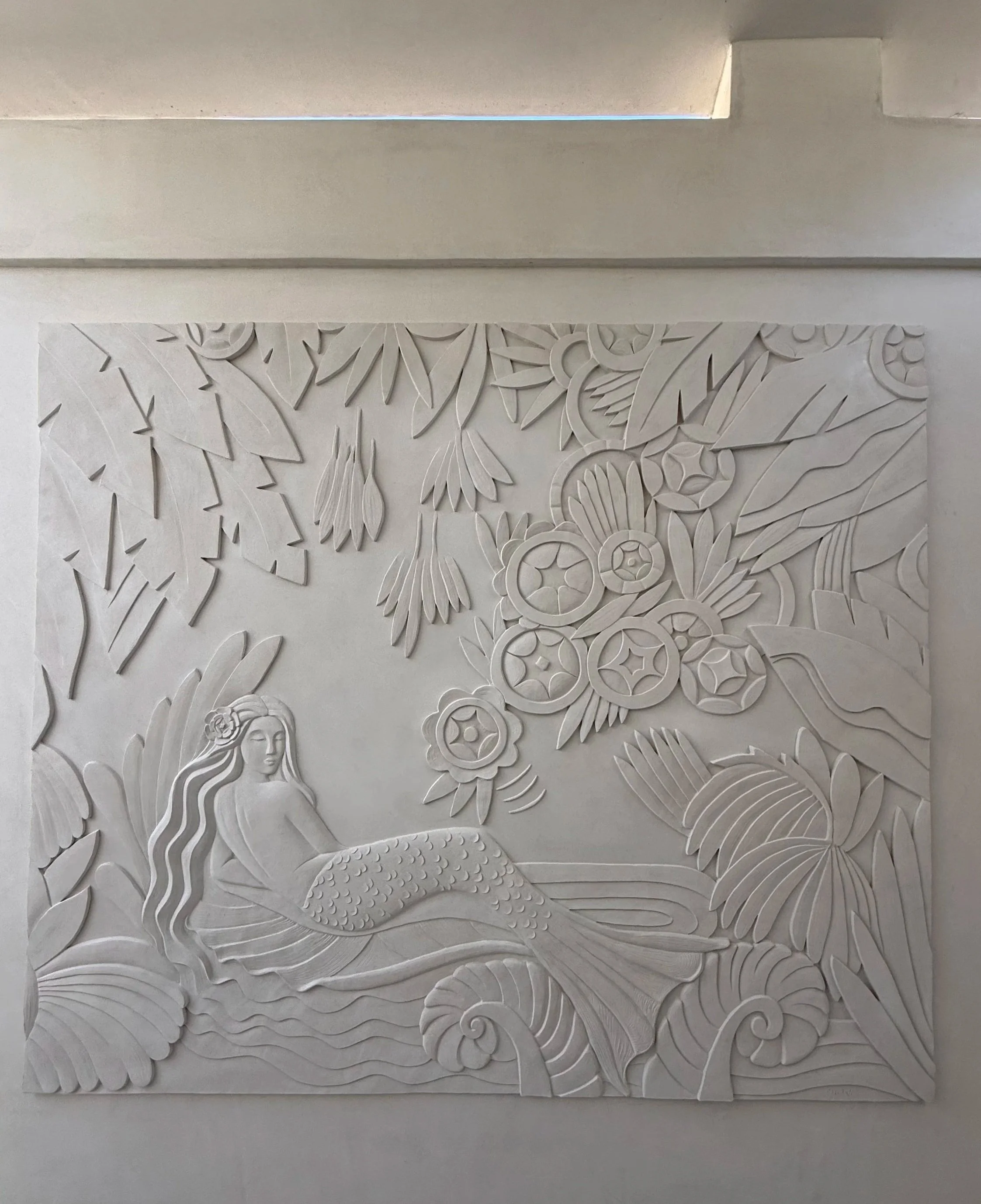 Bas relief, original white plaster wall relief sculpture by Jitka Exler, 6 x 7 ft