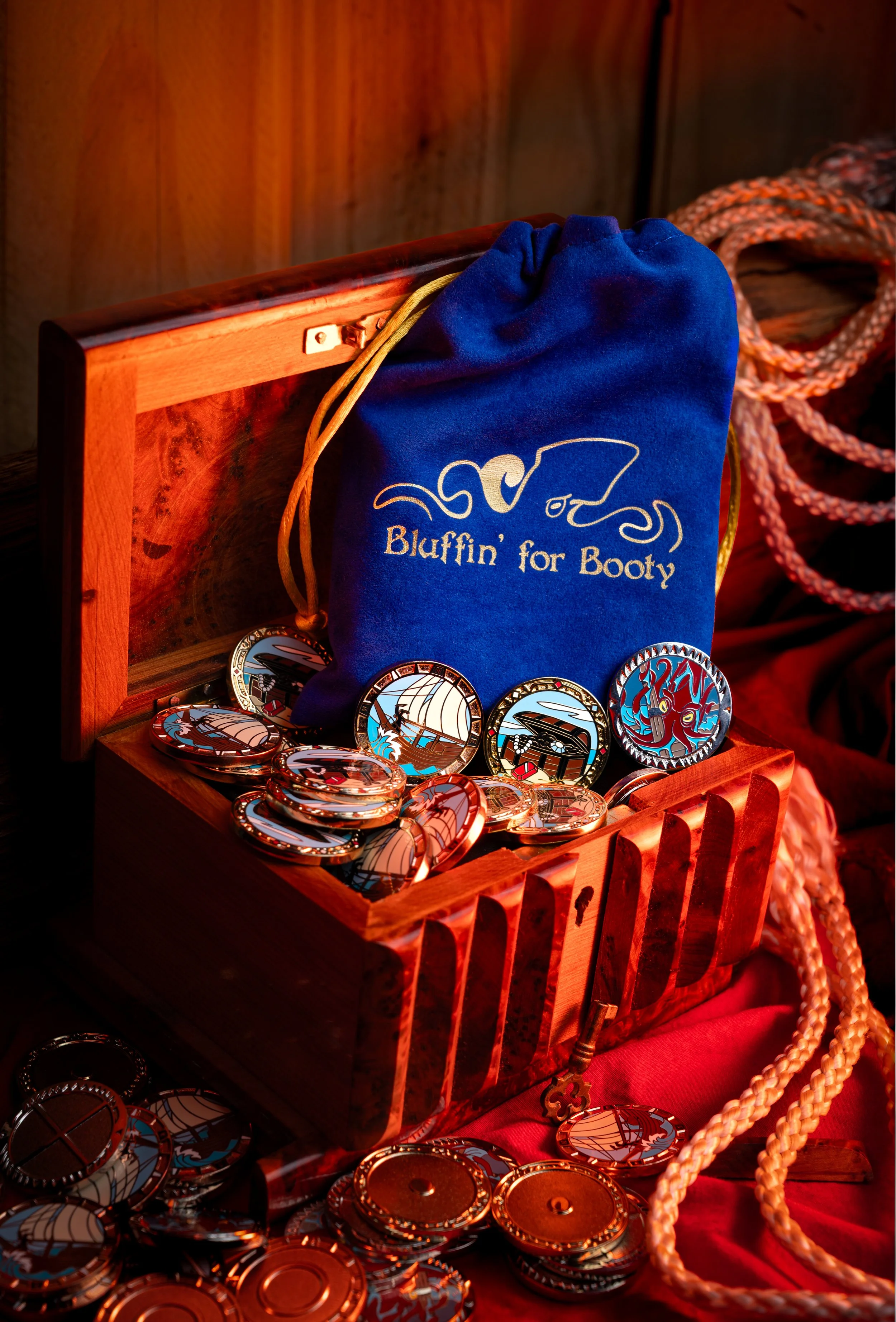 A stylized photo of Bluffin' for Booty, showing the coins and the bag it comes in.