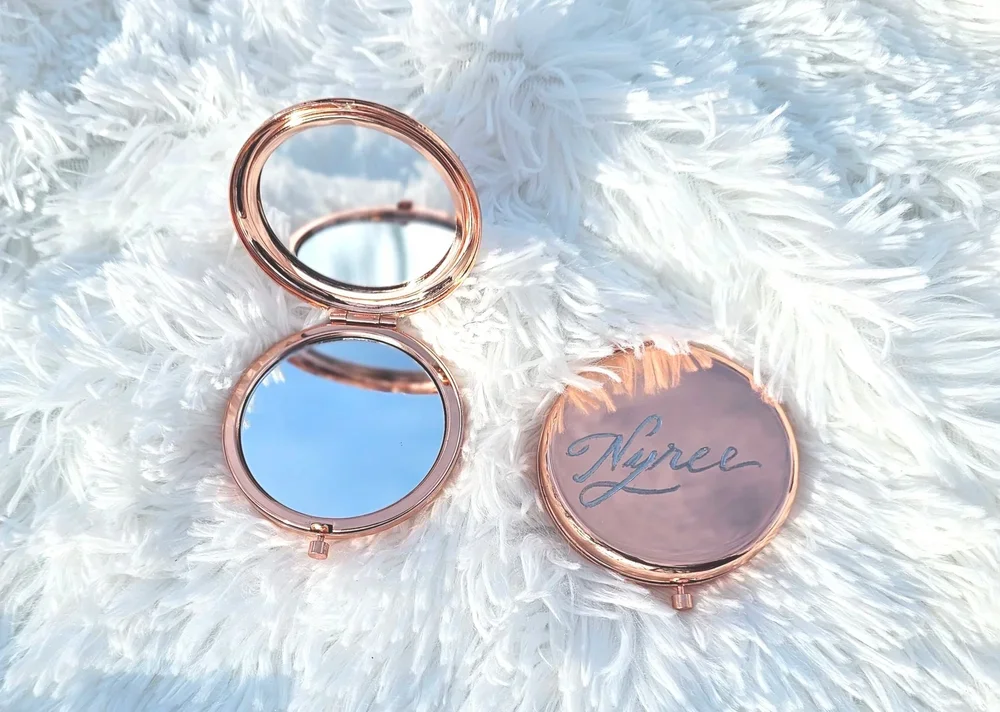 Sher Pierre NJ NY NYC Calligrapher and Engraver Engraved Engaged Compact Mirrors for Brides Bridal Gifts