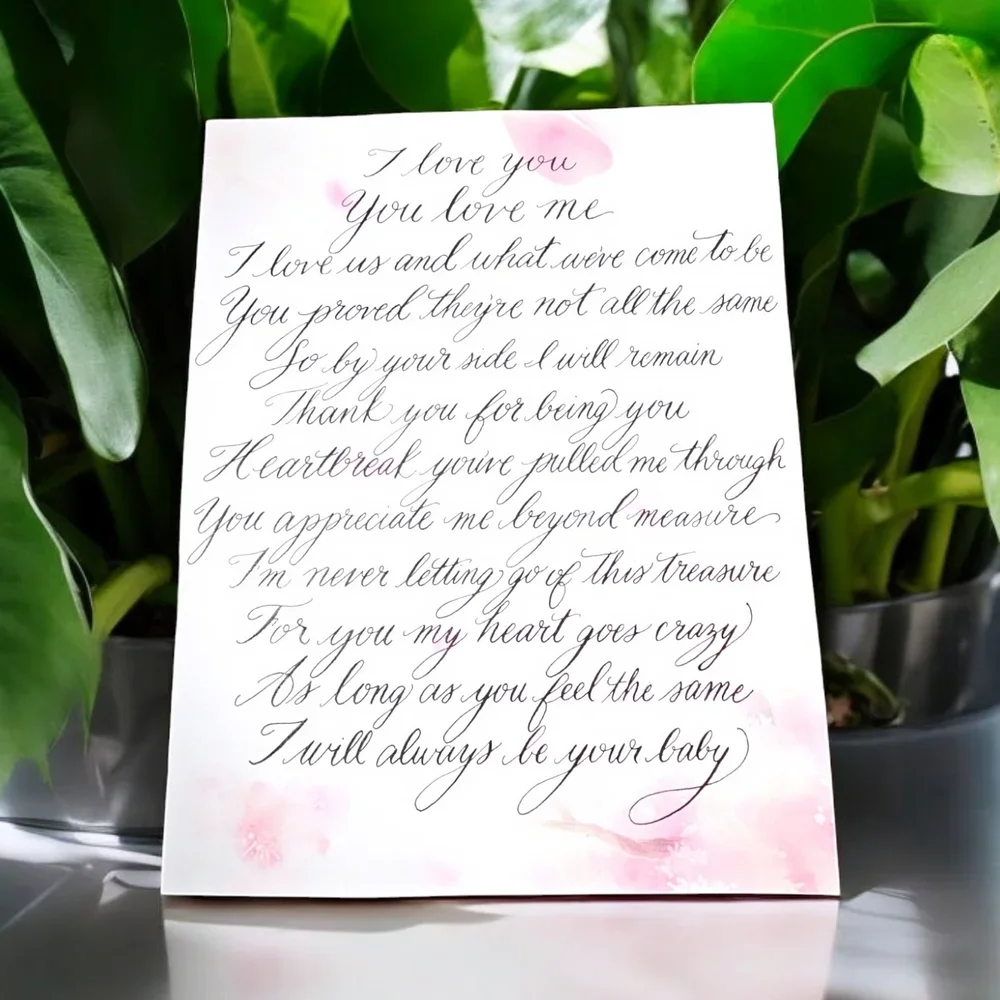 A handwritten love poem on white paper with pink watercolor accents, surrounded by green plants.