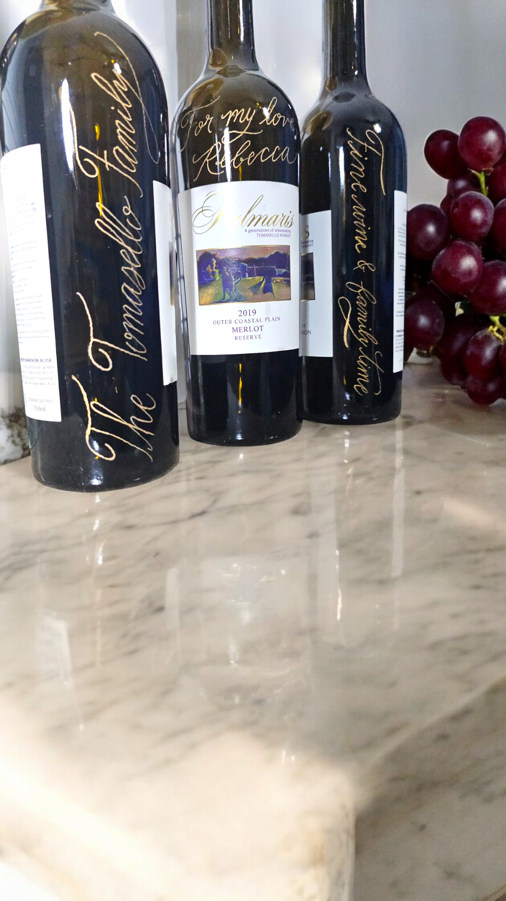 Sher Pierre NJ NY NYC Calligrapher and Engraver Engraved Wine Bottles for Tomasello Winery