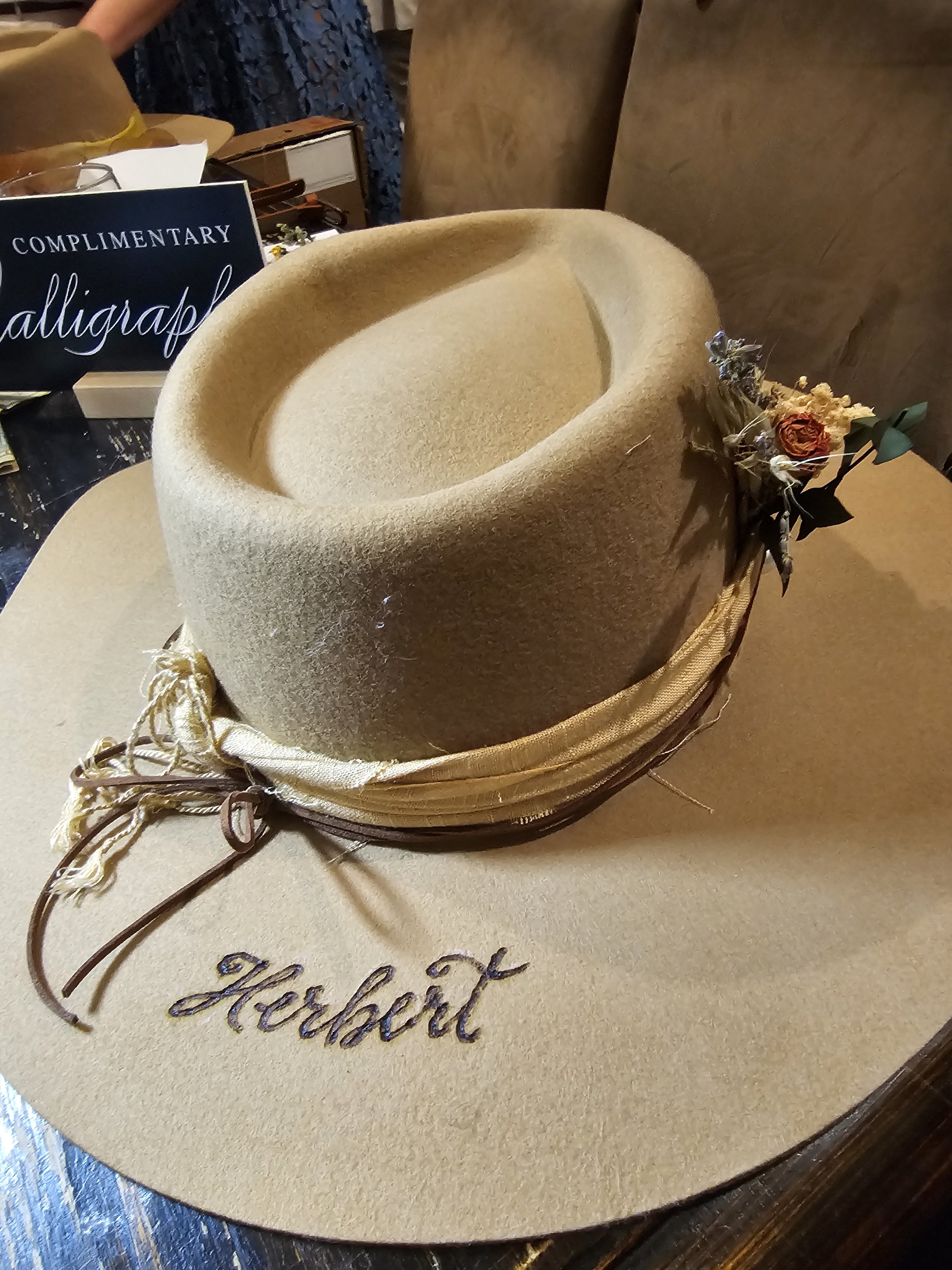 Sher Pierre NJ NY NYC Calligrapher and Engraver Hat Bar for Wedding Personalized Wool Hat