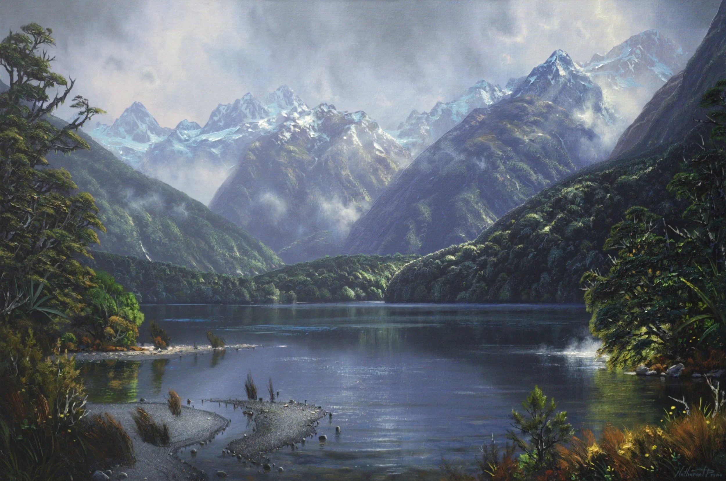 Lake Gun - Fiordland.
Nathanael Provis.
Oil on canvas, 900 x 600mm (approx).
Latest arrival - Beautiful