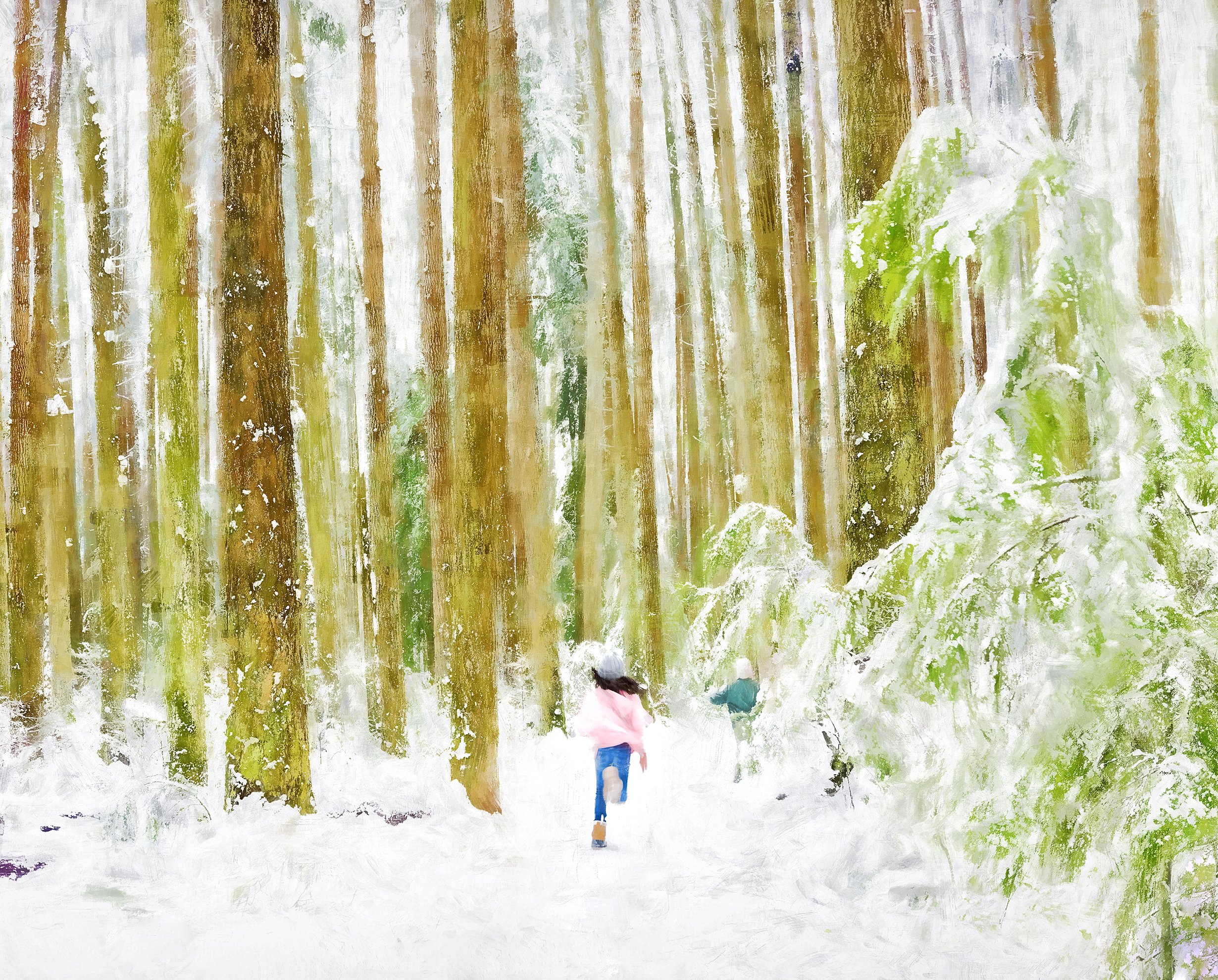 Two children running through a snowy forest