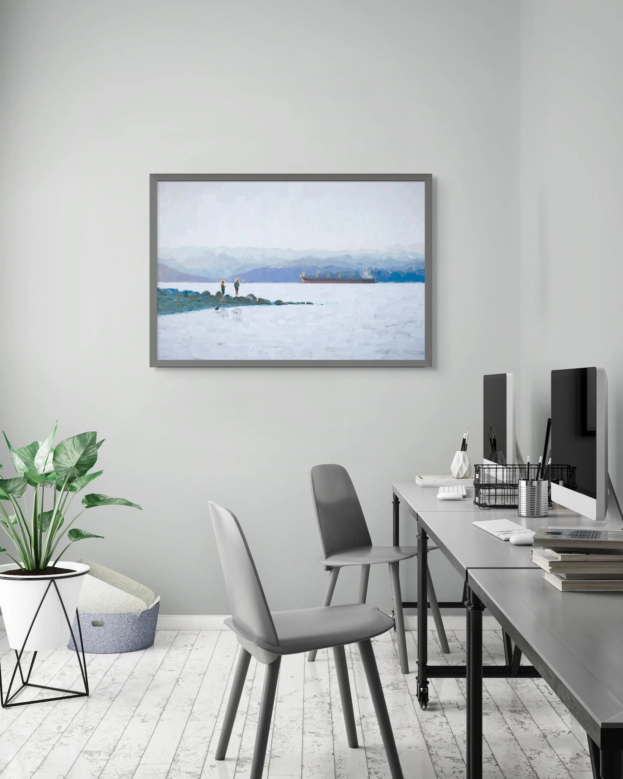 painting of sunset at Jericho Beach on office wall