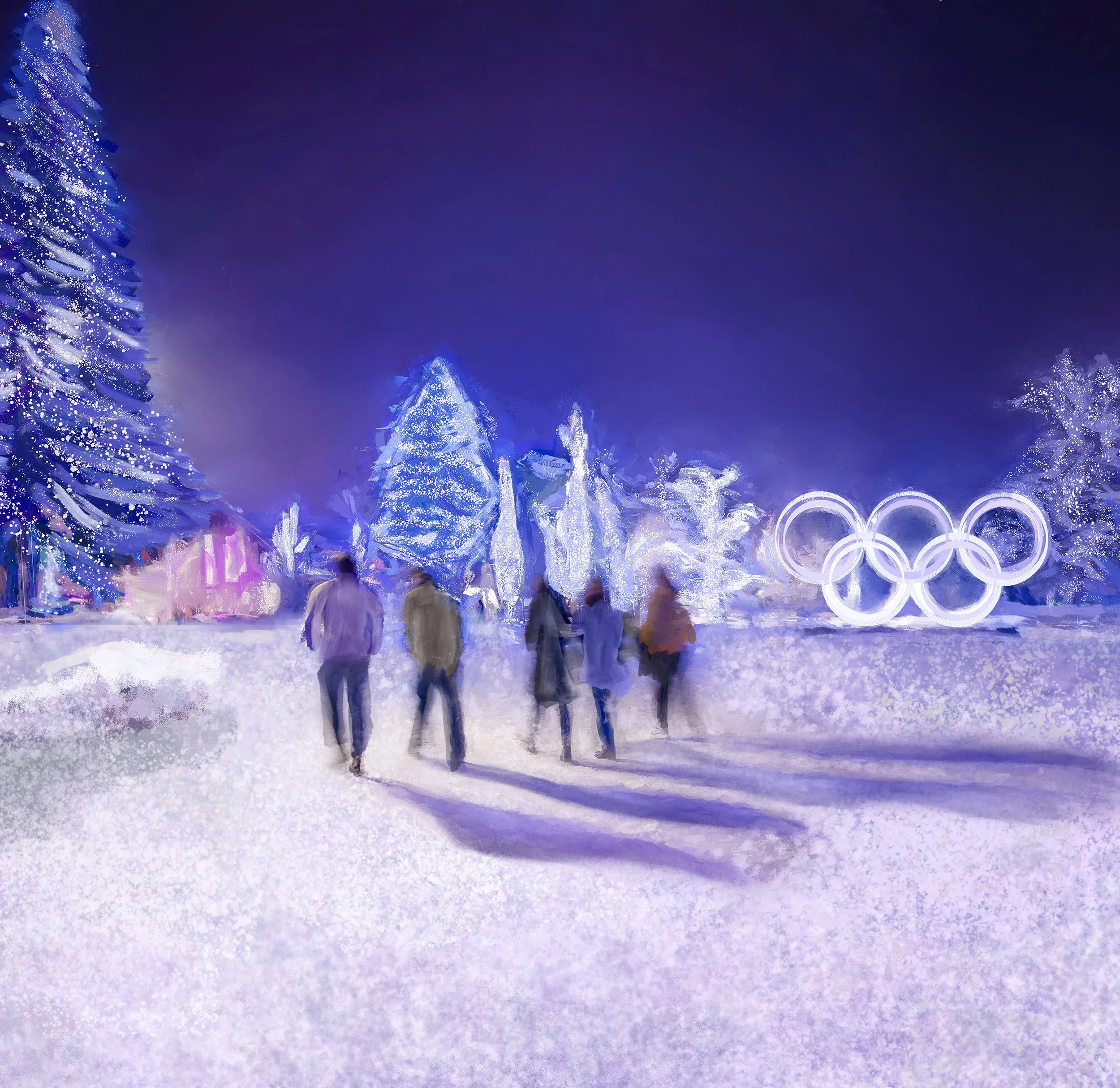 Friends walking in Whistler Village at night by the glowing Olympic rings