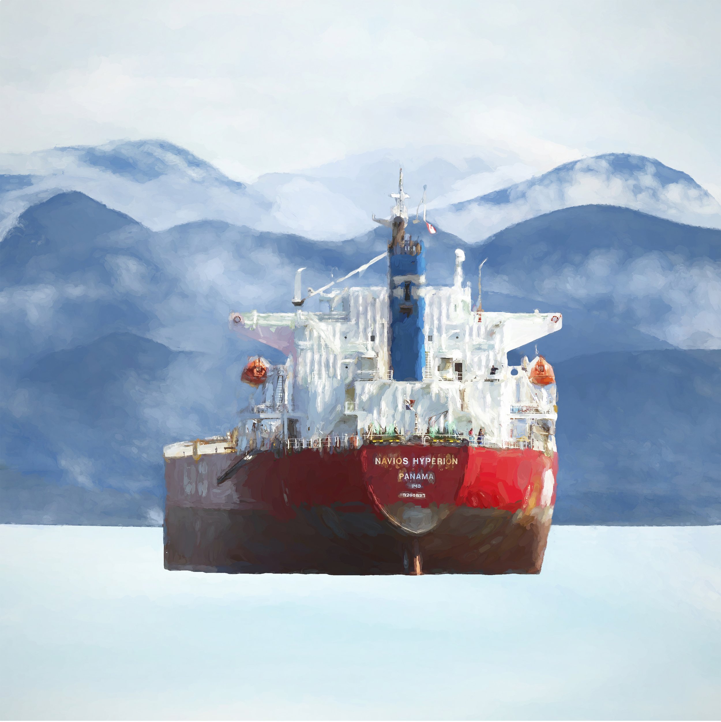 Red cargo ship with blue mountains in the background