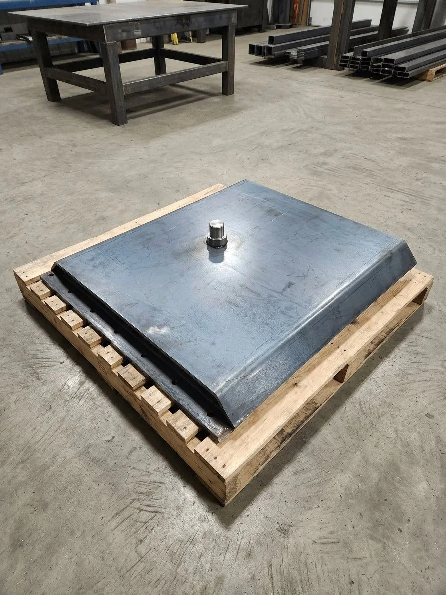 Custom fabricated trailer upper coupler fifth wheel box assembly on wooden pallet at BEP Petroleum & Tank LLC in Bismarck North Dakota