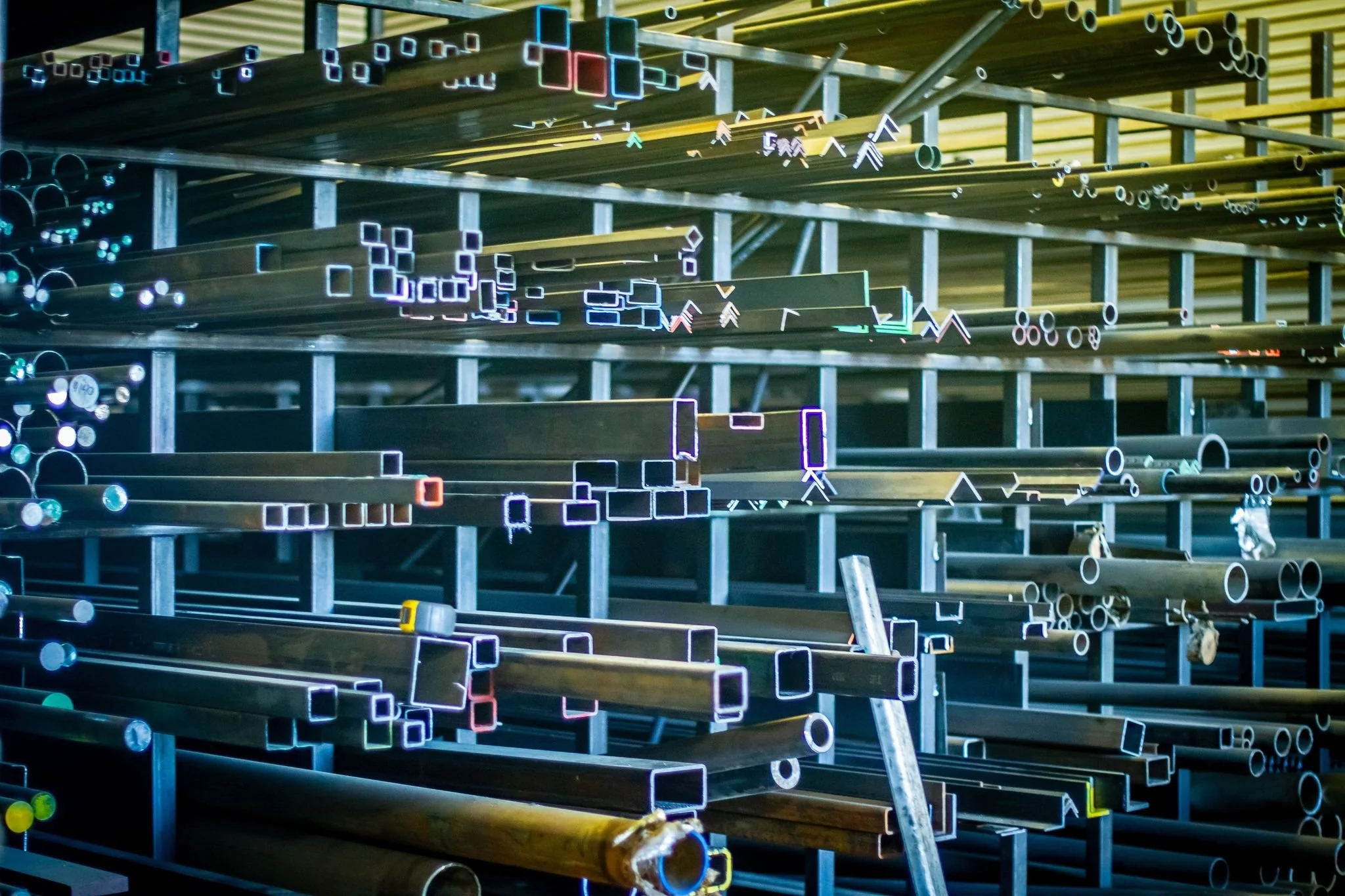 Raw structural steel pipe and tube inventory at Bismarck supply shop
