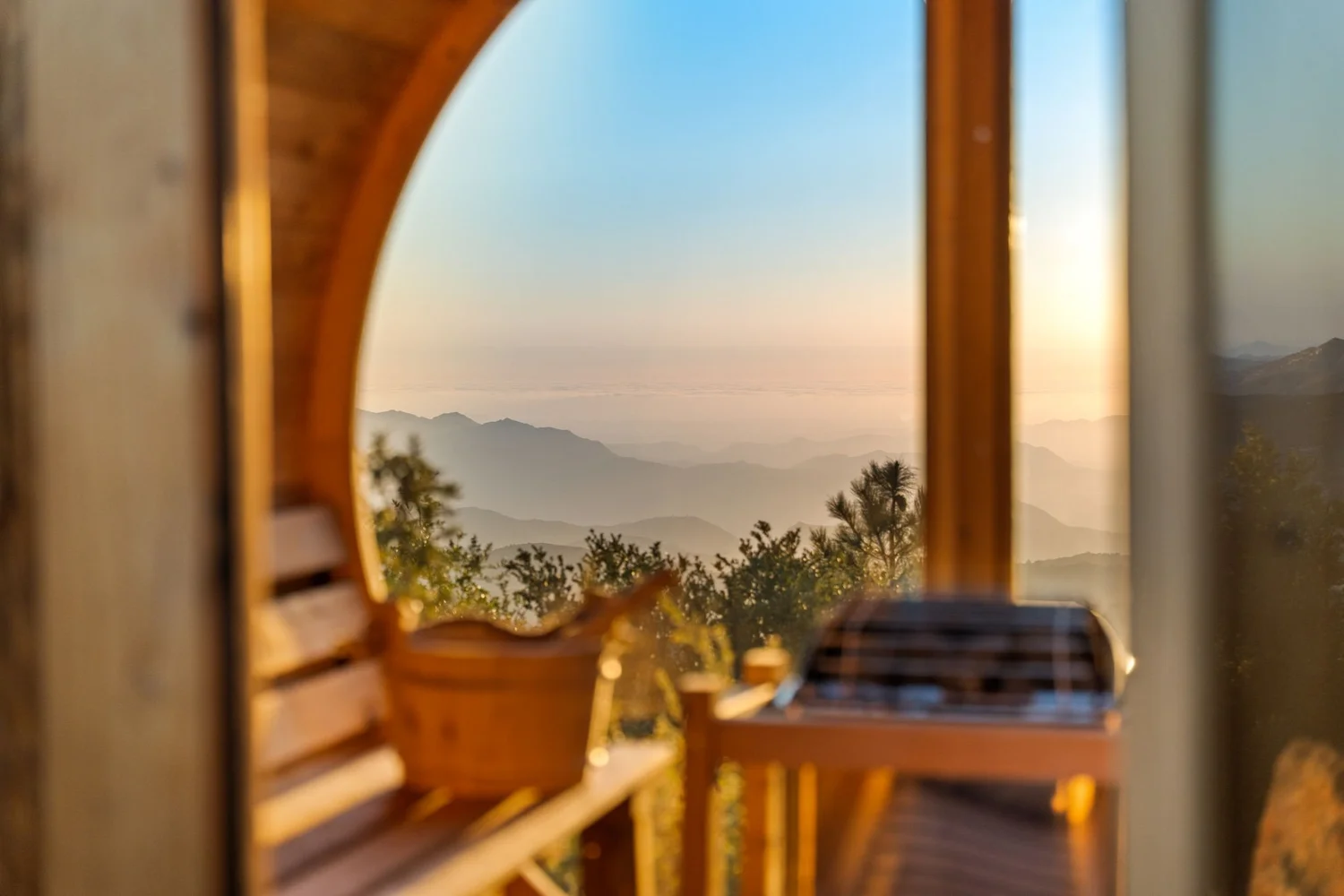 A quiet moment in the sauna overlooking the mountains, San Diego County sauna rental