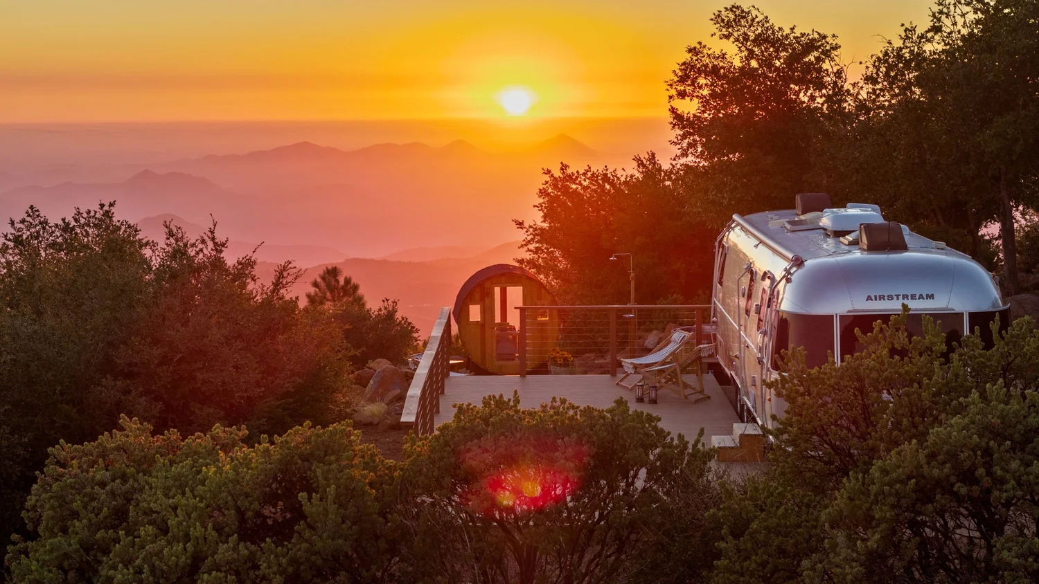 Restore Outpost sauna, Airstream and yoga deck at sunset at Wild Moon Ranch near Julian