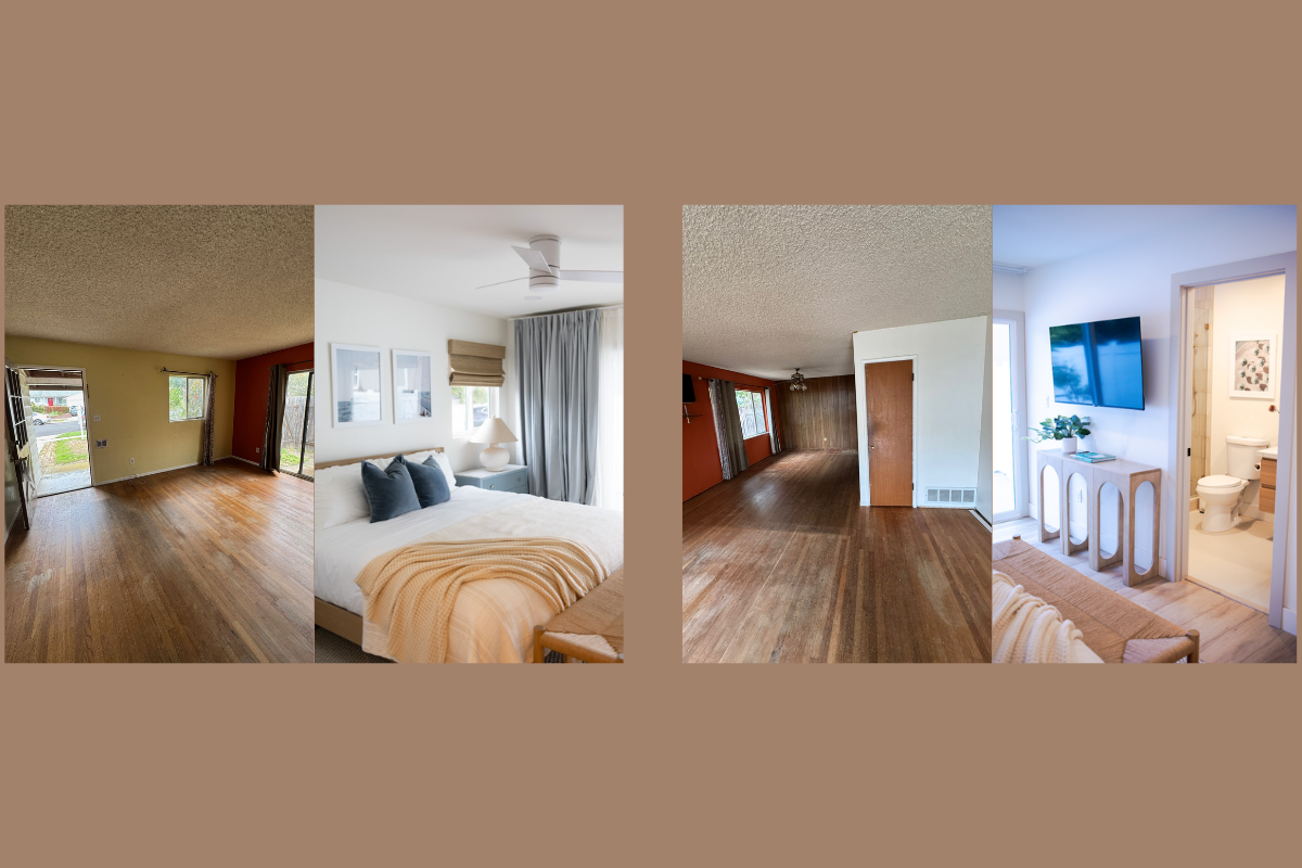 Before and after: the old living room, now a primary suite with a new full bath, a closet and an extra bedroom