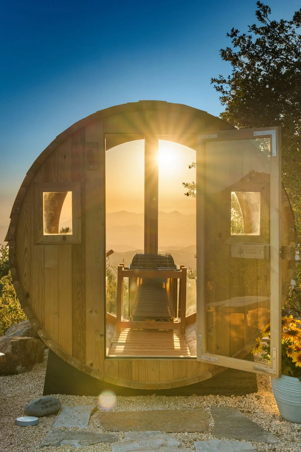 Sauna heater with a sunset view at Restore Outpost near Lake Cuyamaca