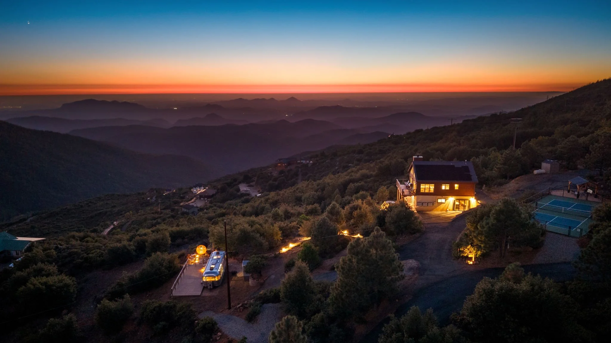 Wild Moon Ranch cabin and Restore Outpost Airstream with sauna at sunset, a mountaintop vacation rental near Julian, California