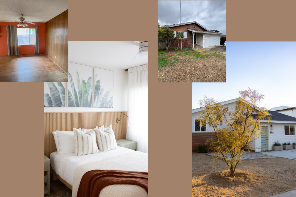Before and after: a converted bedroom and the front of the home