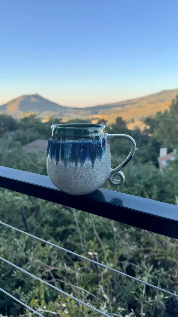 Guest photo: a morning coffee mug on the deck railing with the mountain view