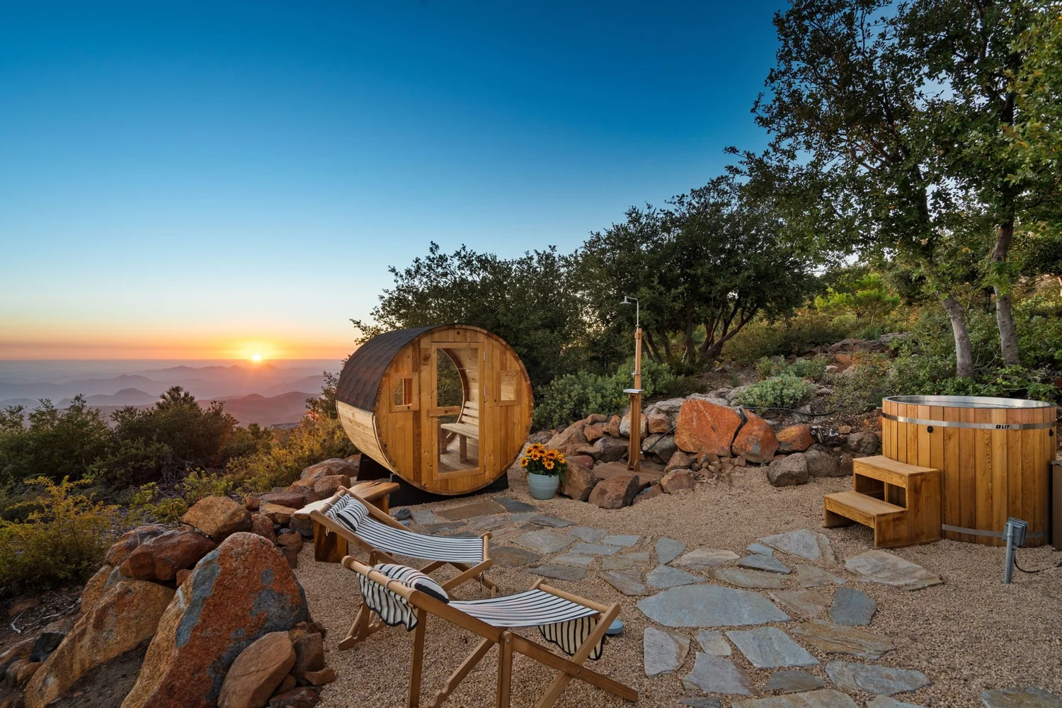 Sauna in the secluded wellness area at Restore Outpost, Wild Moon Ranch, Julian CA