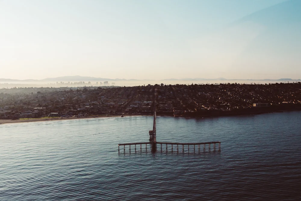 The Ocean Beach Pier from above, stretching out over the Pacific