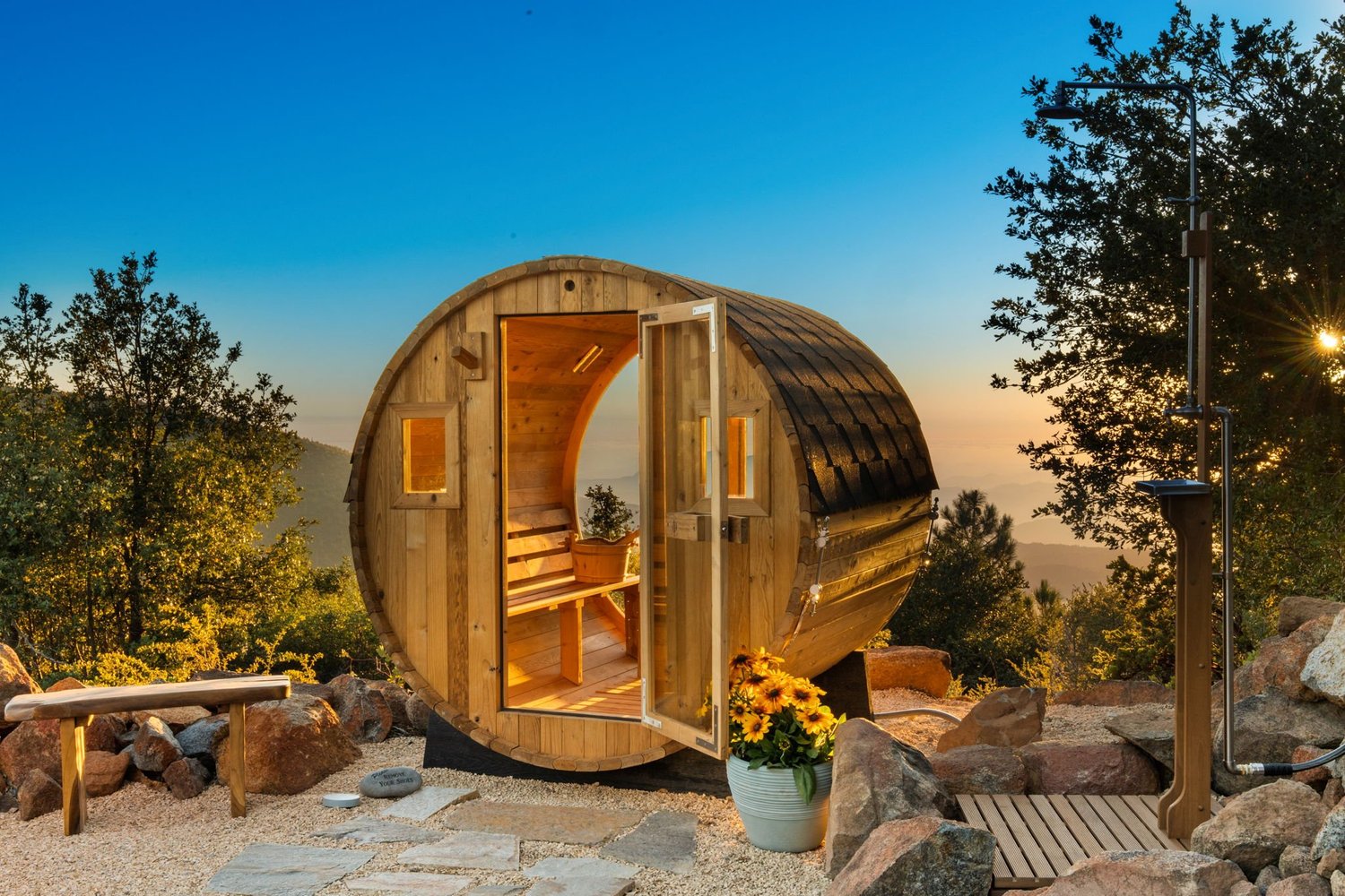 Inside the traditional sauna with glass doors and mountain views, Julian cabin with sauna