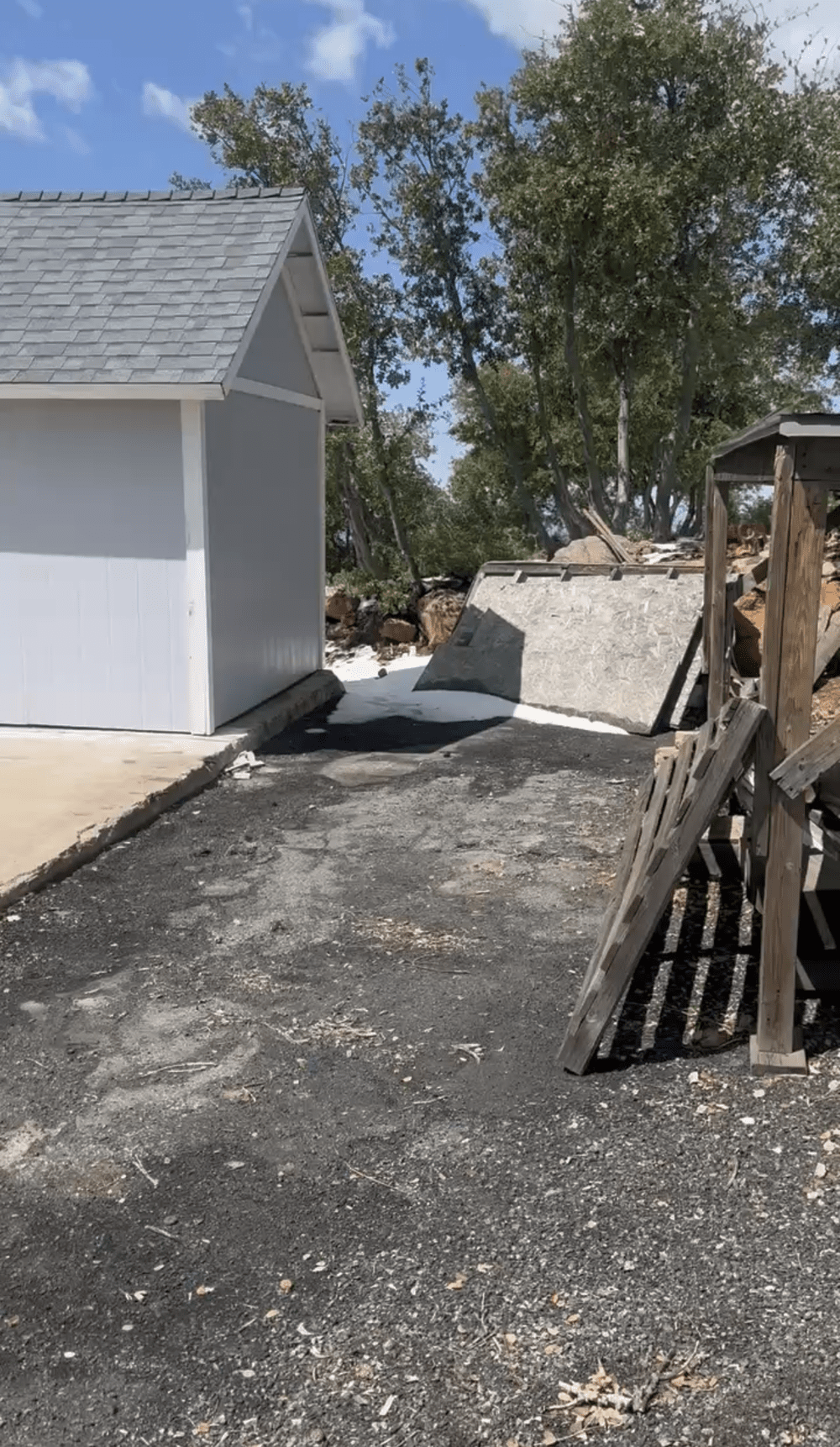 Before: a shed, gravel and scrap wood beside the site at Restore Outpost, Wild Moon Ranch, Julian