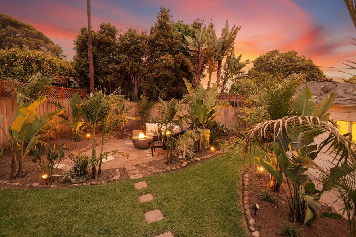 The fenced backyard at Wavehouse with a fire table, outdoor sofas and palms