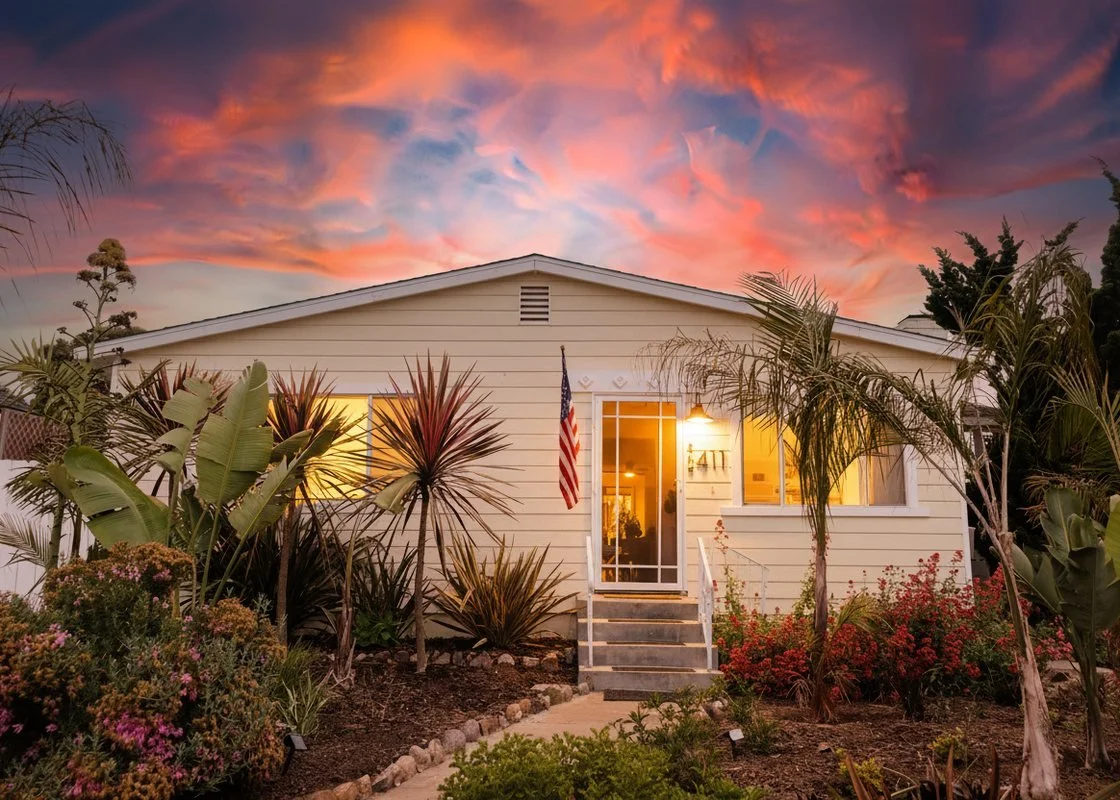 WaveHouse at Windansea in La Jolla at sunset, a beach cottage with a lit entry and a tropical front garden