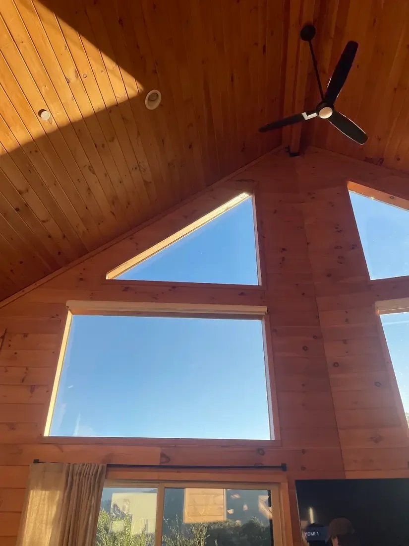 Guest photo: sunlight through the A-frame peak skylights