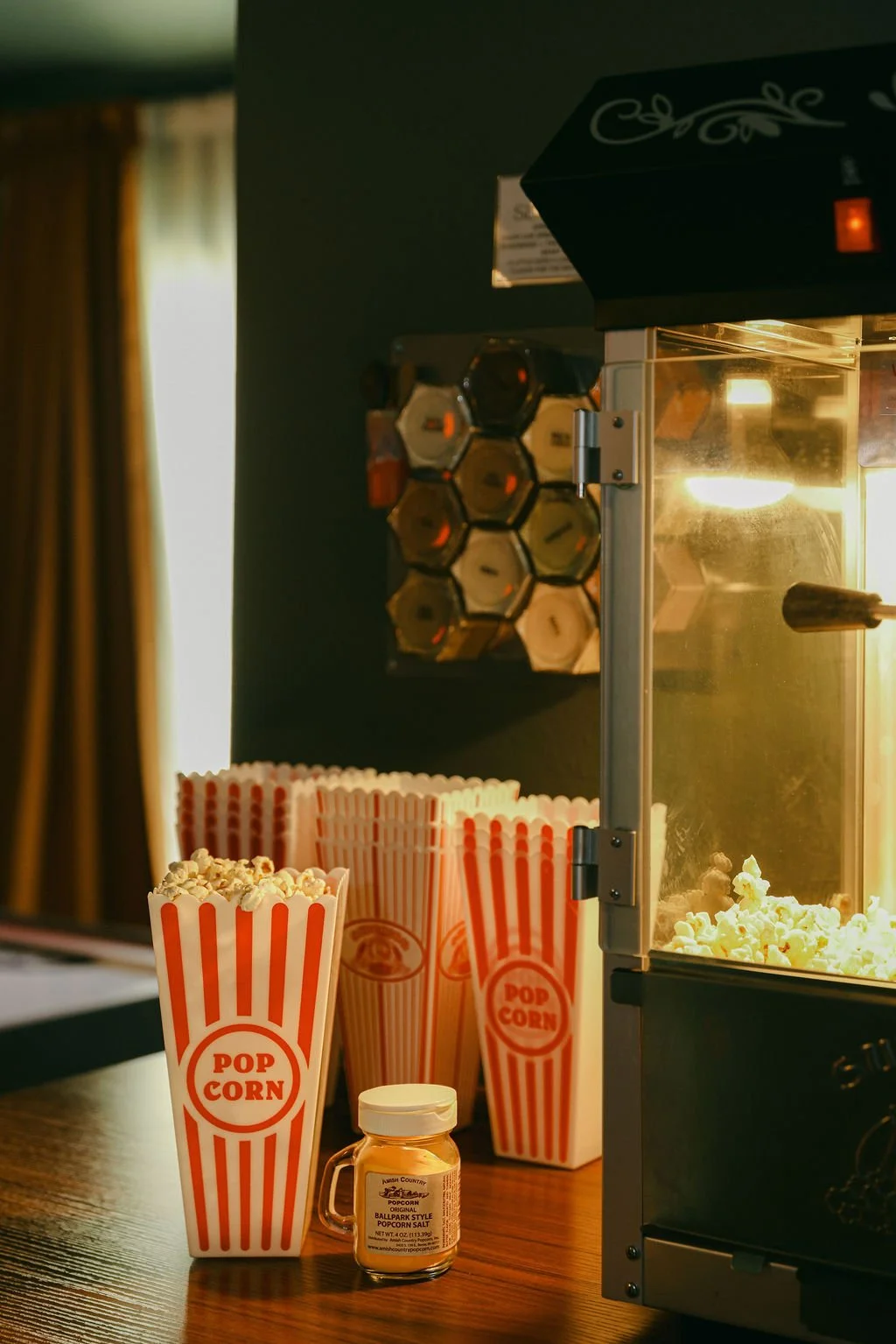 Popcorn machine and popcorn boxes in the movie nook
