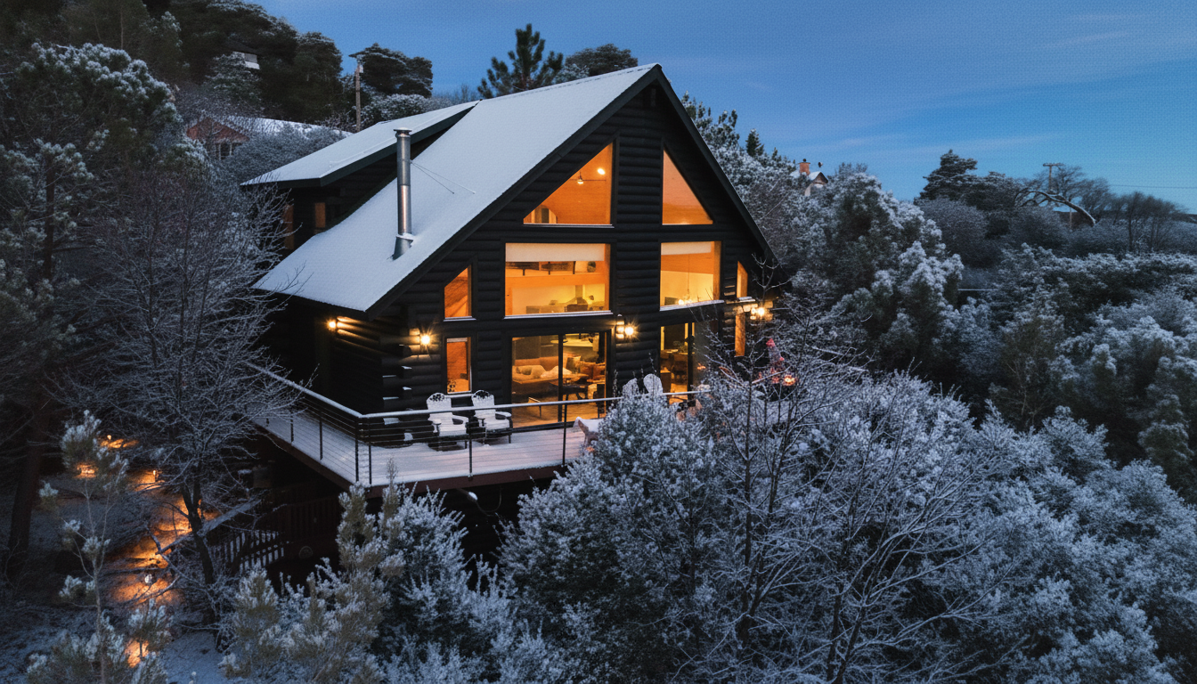 Dark Moon Chalet lit up at dusk with snow on the roof and the pines around it
