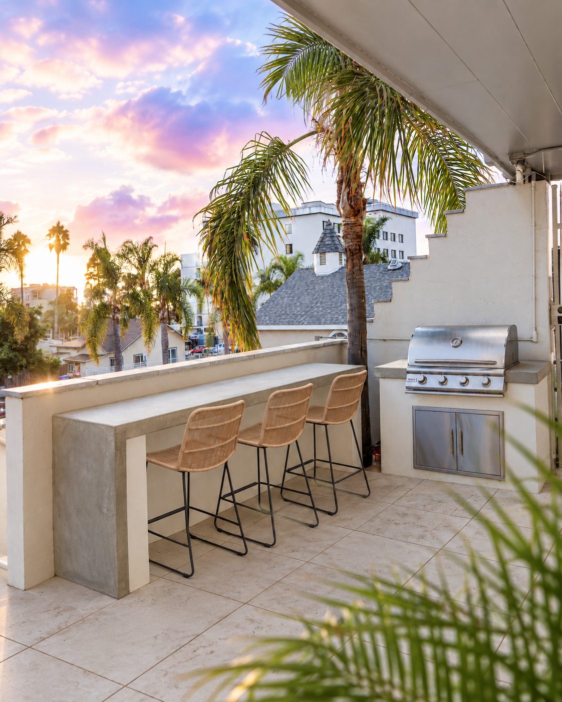The shared outdoor patio at The Swell in Oceanside at sunset