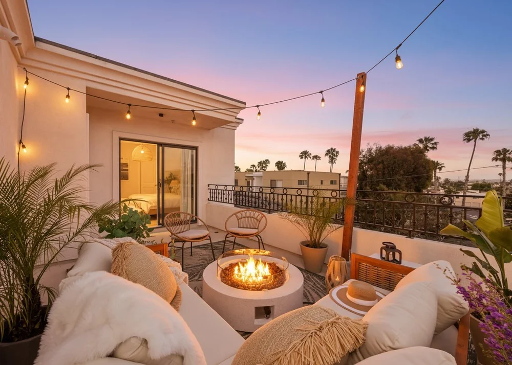 Coastal Palm in Pacific Beach, the balcony at sunset with a fire pit, string lights and palms beyond the rail