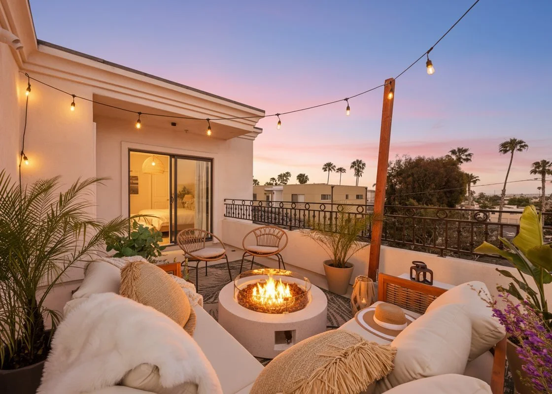 The balcony at Coastal Palm in Pacific Beach at sunset, with a gas fire pit, lounge seating, string lights and palms beyond the rail