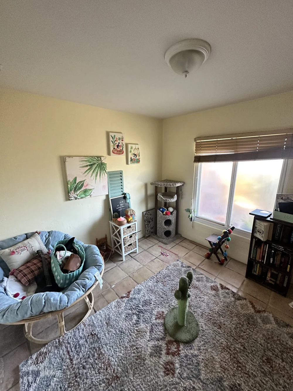 Before: Living room with a papasan chair and rug at Clementine B in Oceanside