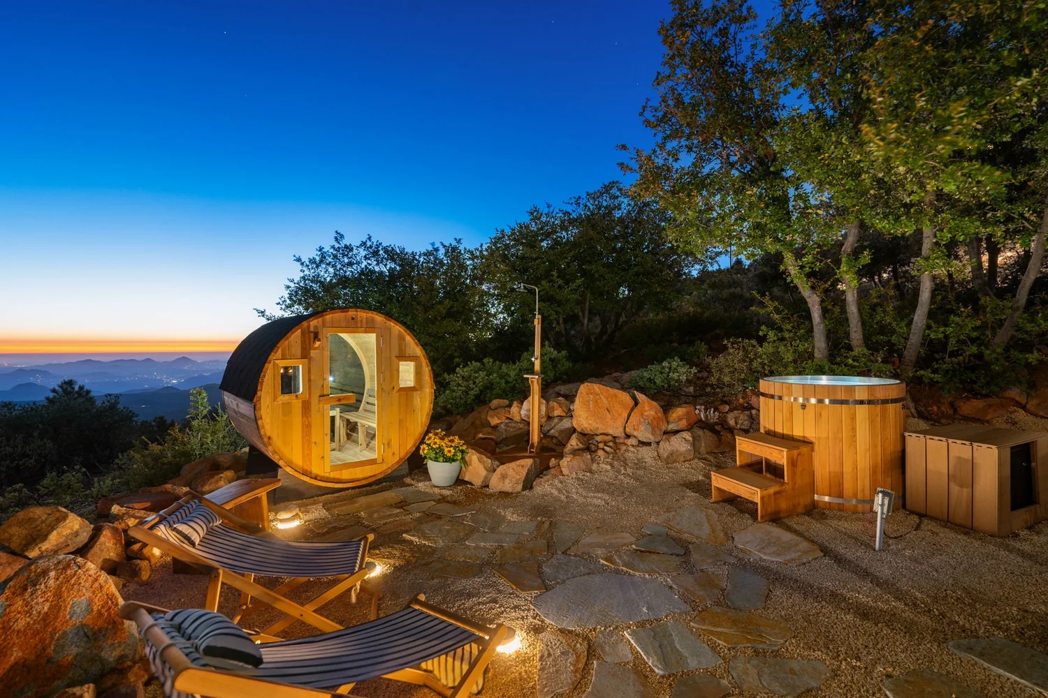 Private sauna and barrel cold plunge at dusk, a retreat venue with sauna and cold plunge near San Diego